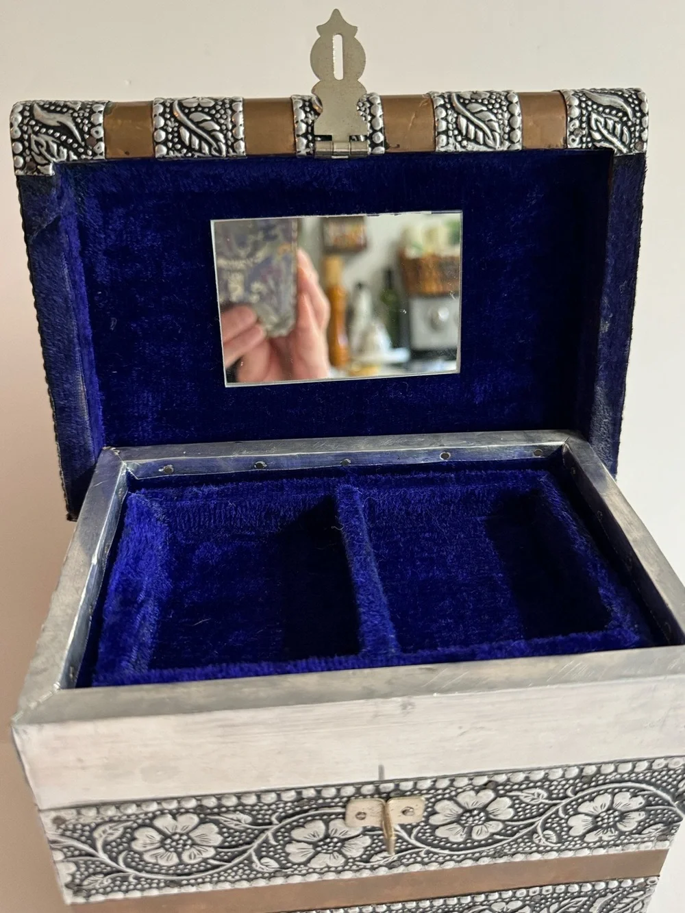 Vintage Tin and Copper Floral Embossed Jewelry Box with Mirrors + Velvet lining.
